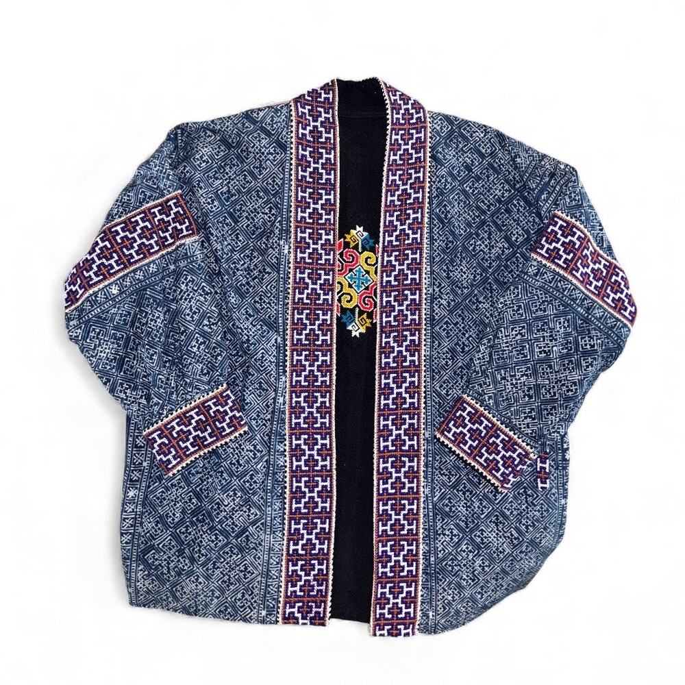 Vintage Reversible Batik Coat Embroidered Accents Kimono Jacket